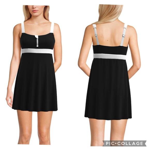 Lands' End New Zip Front Swim Dress Large Black & White One Piece Bathing Suit - Picture 1 of 15